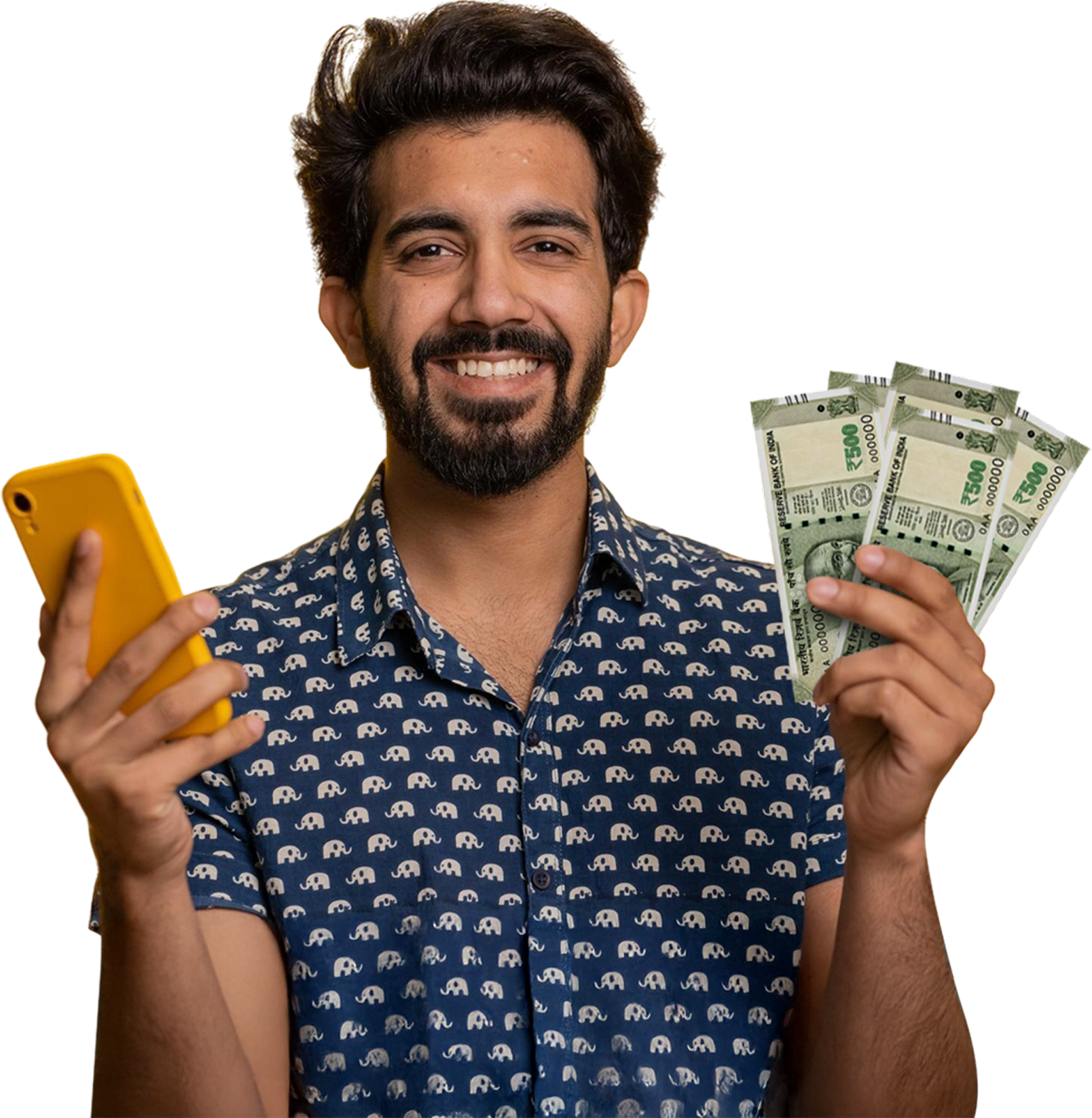 Smiling man holding smartphone and Indian currency notes